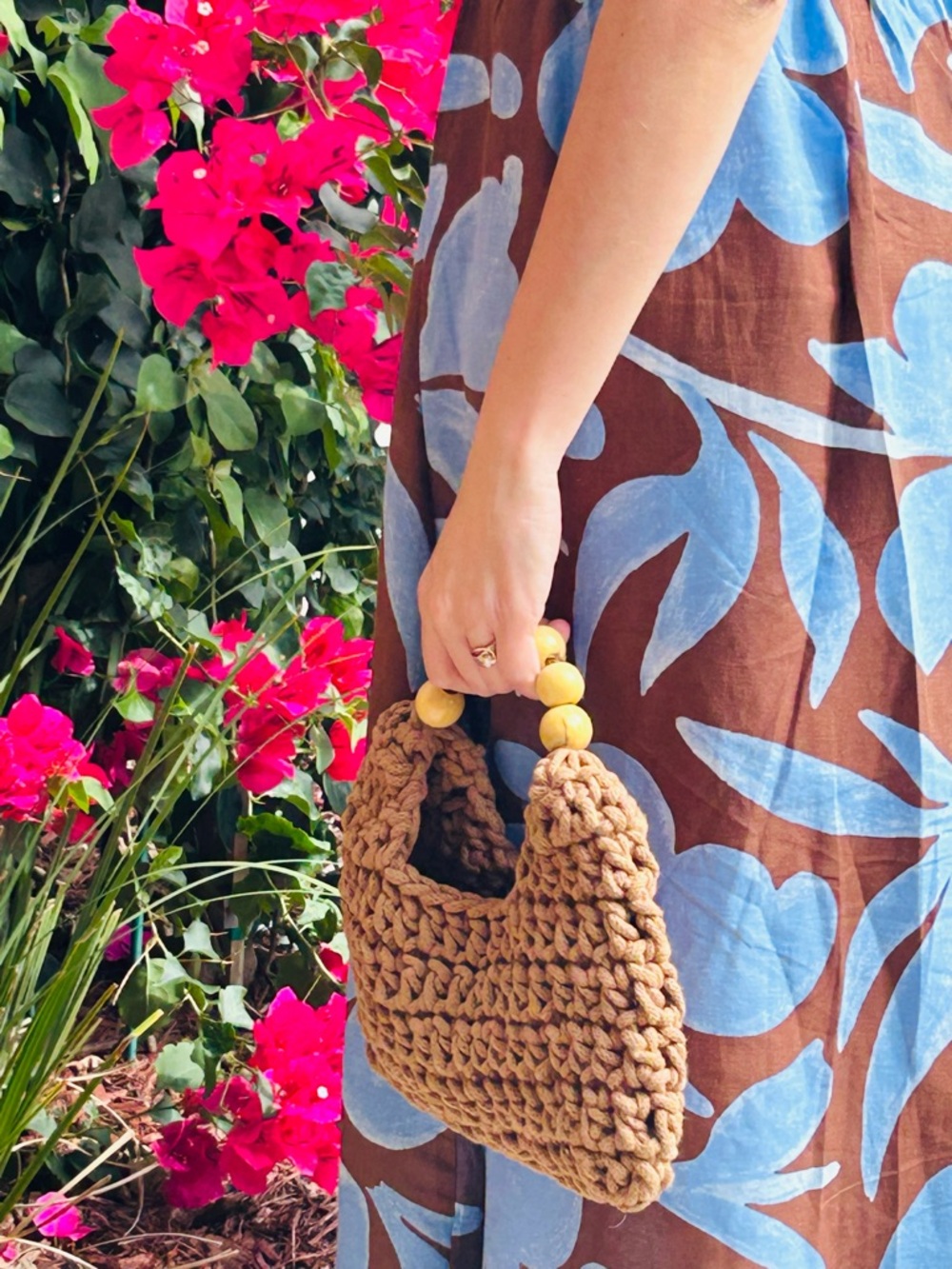 Handmade Crochet Wristlet Clutch in Tan with Wooden Bead Handle - Picture 1 of 3